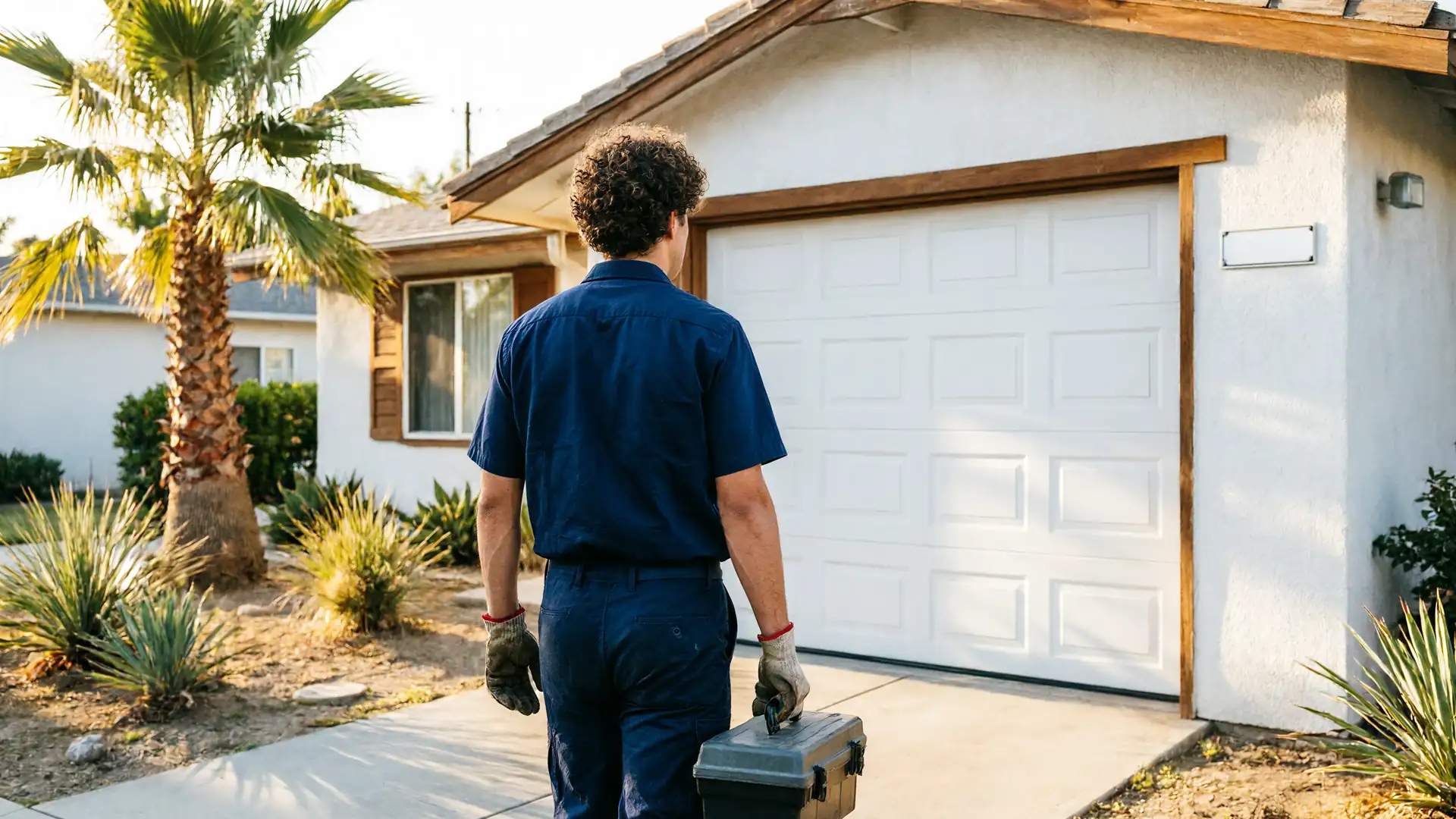 A technician in a blue uniform carries a toolbox toward a white garage door.