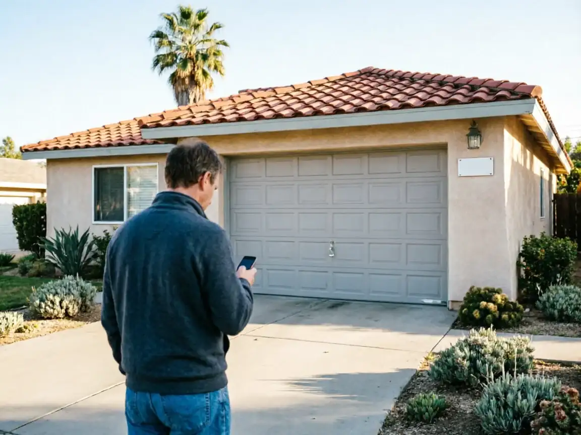 A man stands in a driveway looking at his phone in front of a house with a garage.