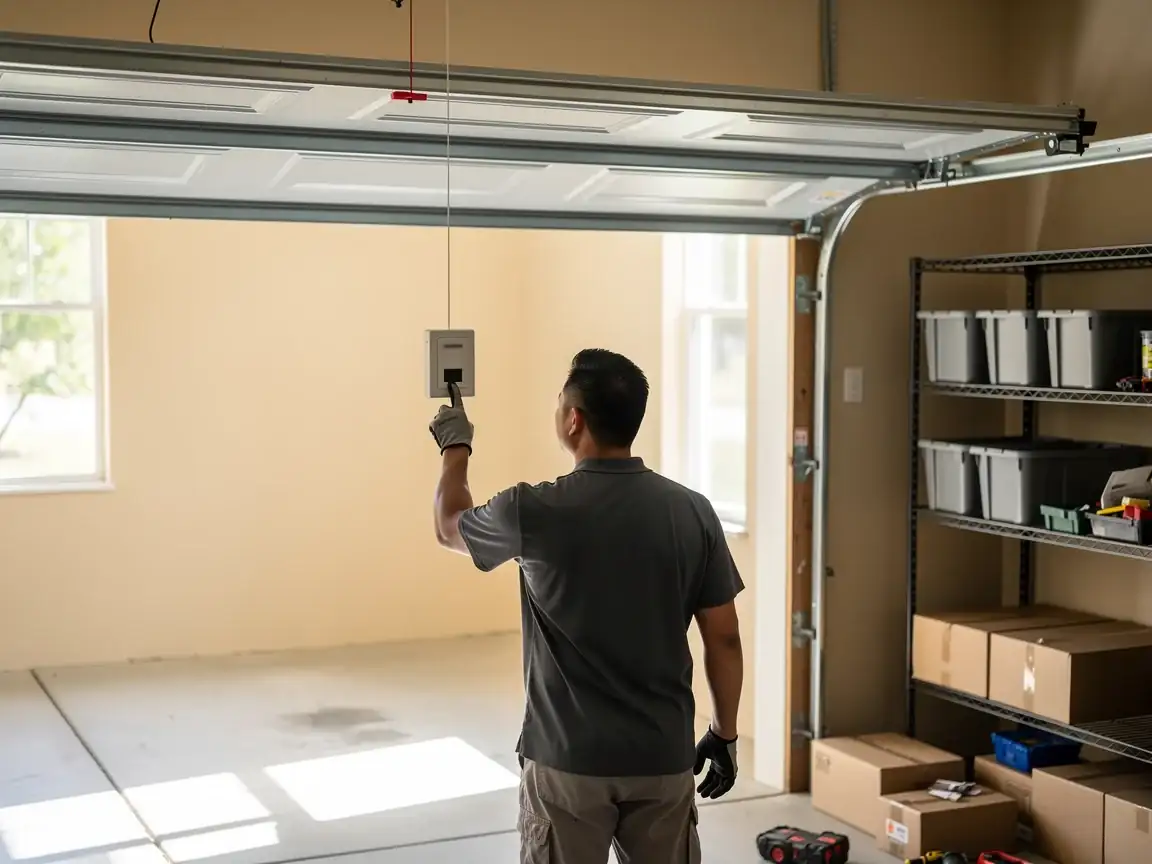 A technician presses a button on a garage door opener control panel.