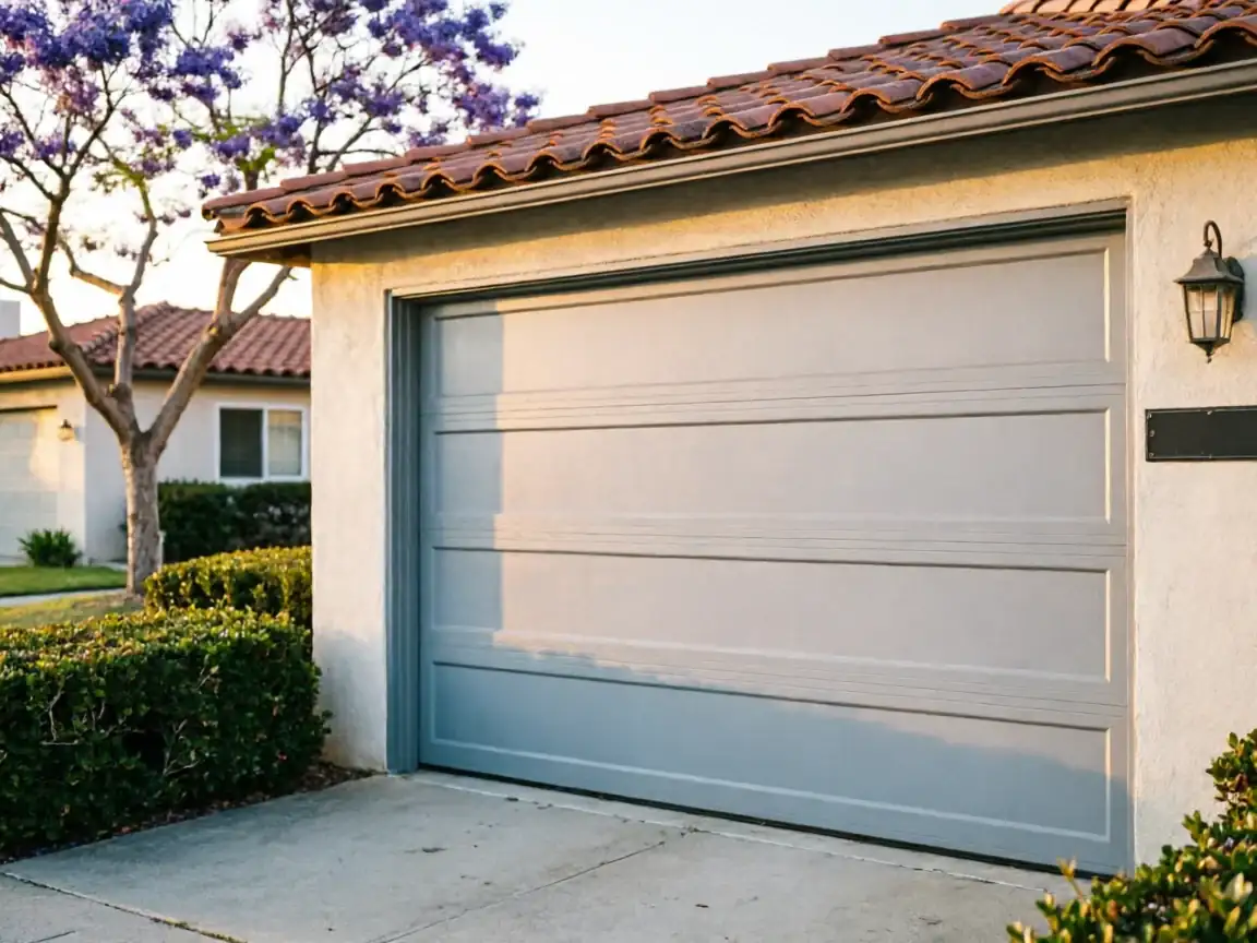 A light gray garage door with panels on a house with a tiled roof.